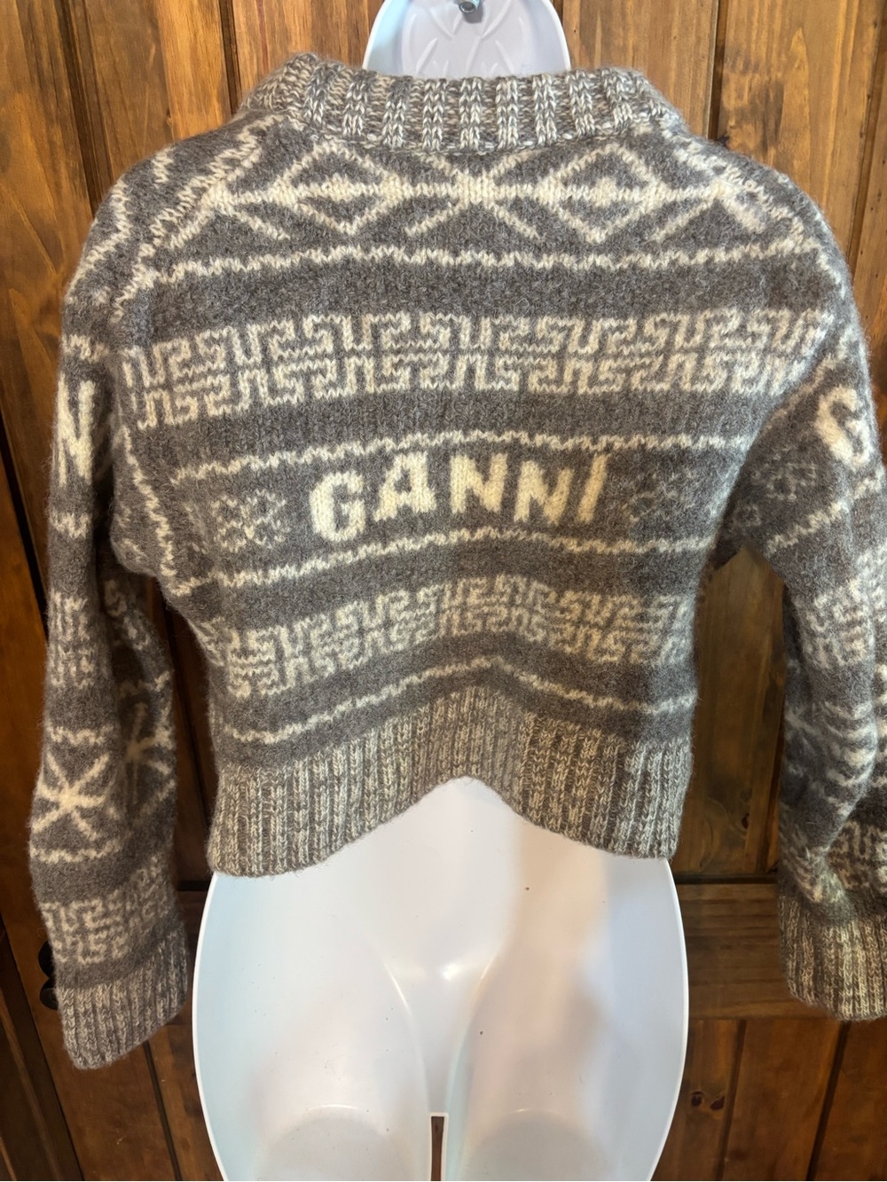 GANNI Grey Organic Wool Logo Knit Cropped Fair Isle Sweater S - Picture 8 of 16